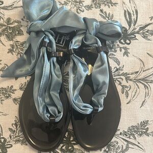 Heath Ceramics Satin Tie Sandals in Shimmery Blue and Black